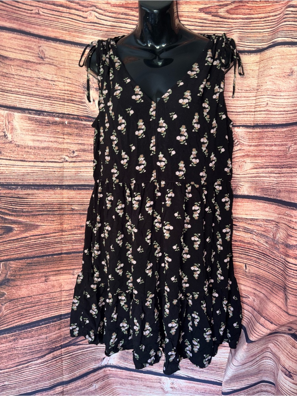 Susina Black Floral V-Neck Tie-Shoulder Babydoll Sundress